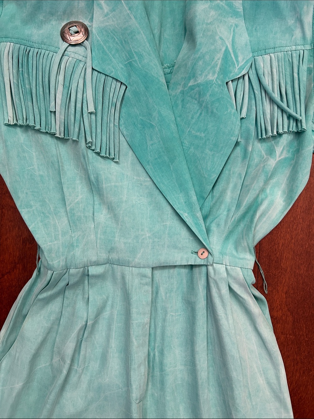 Vintage 80s Rabbit Rabbit Rabbit Turquoise Jumpsuit with Fringe & Conchos, Small - Picture 5 of 16